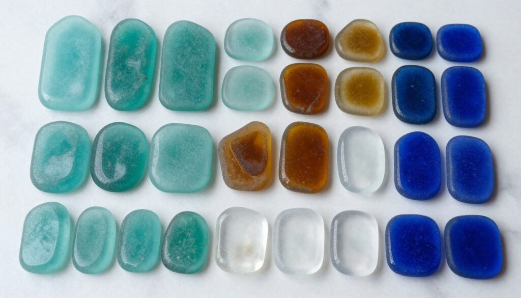Sea glass tile samples in various coastal colors spread across white surface showing color range