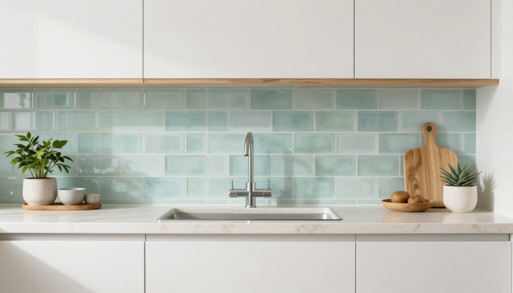 Serene kitchen with pale seafoam sea glass tile creating spa-like atmosphere
