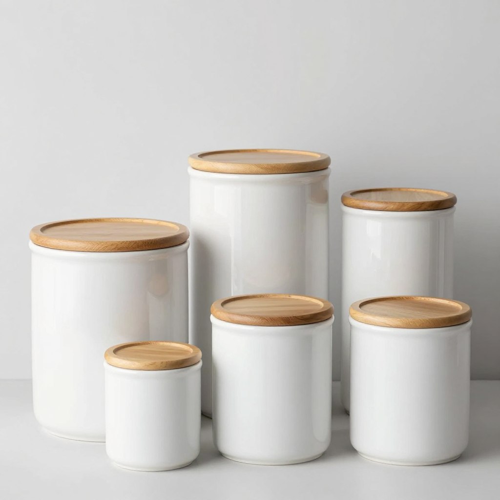 Set of white ceramic kitchen canisters in various sizes for organized open shelf display
