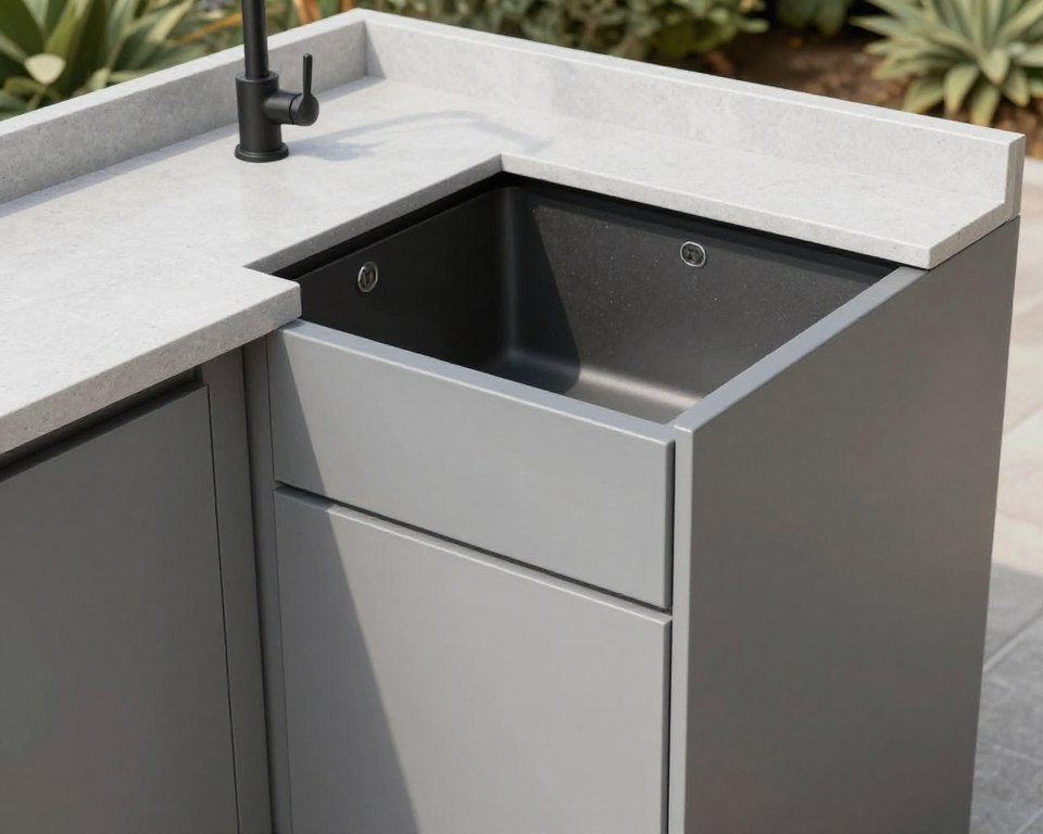 Short leg of L-shaped outdoor kitchen with sink and storage