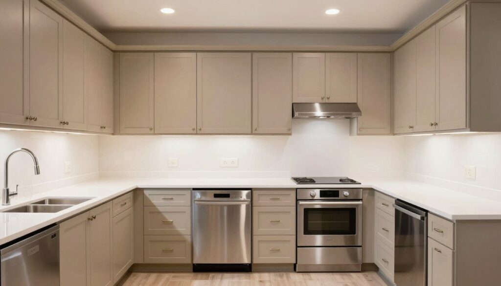 Side-by-side comparison of Accessible Beige and Light Taupe kitchen cabinets