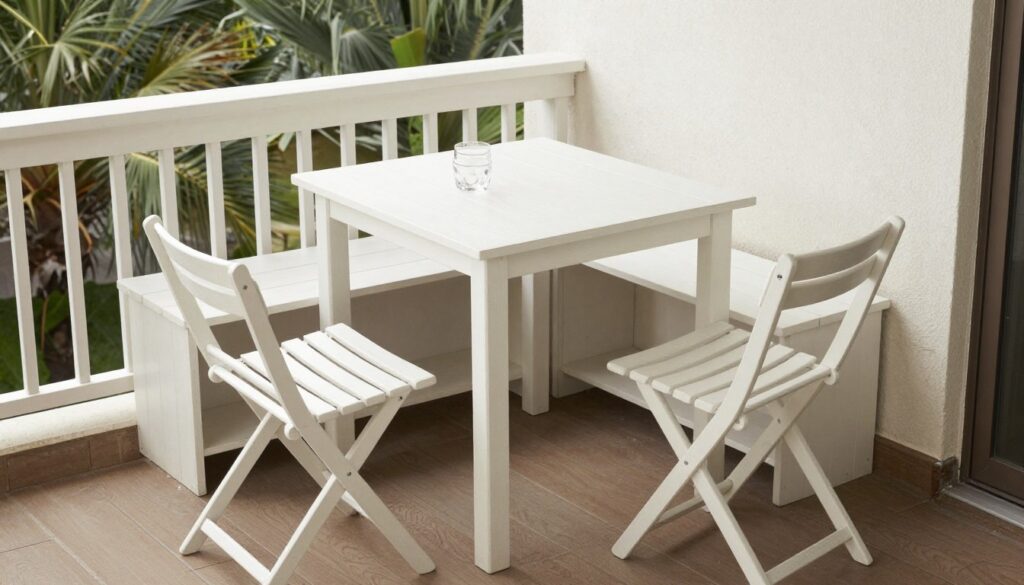 Small balcony with efficient furniture layout using white oak pieces