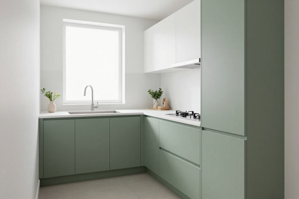 Small galley kitchen with sage green lower cabinets and white uppers