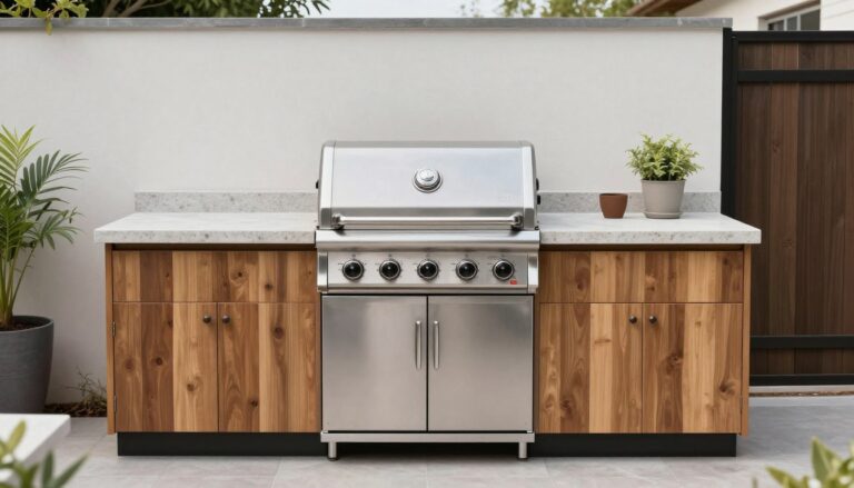Small outdoor kitchen layout on compact patio with modern stainless steel grill and stone countertops