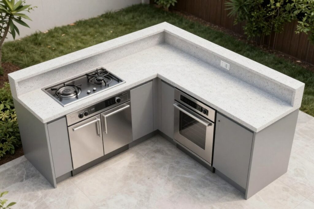 Small outdoor kitchen layout showing proper zone planning with cooking and prep areas