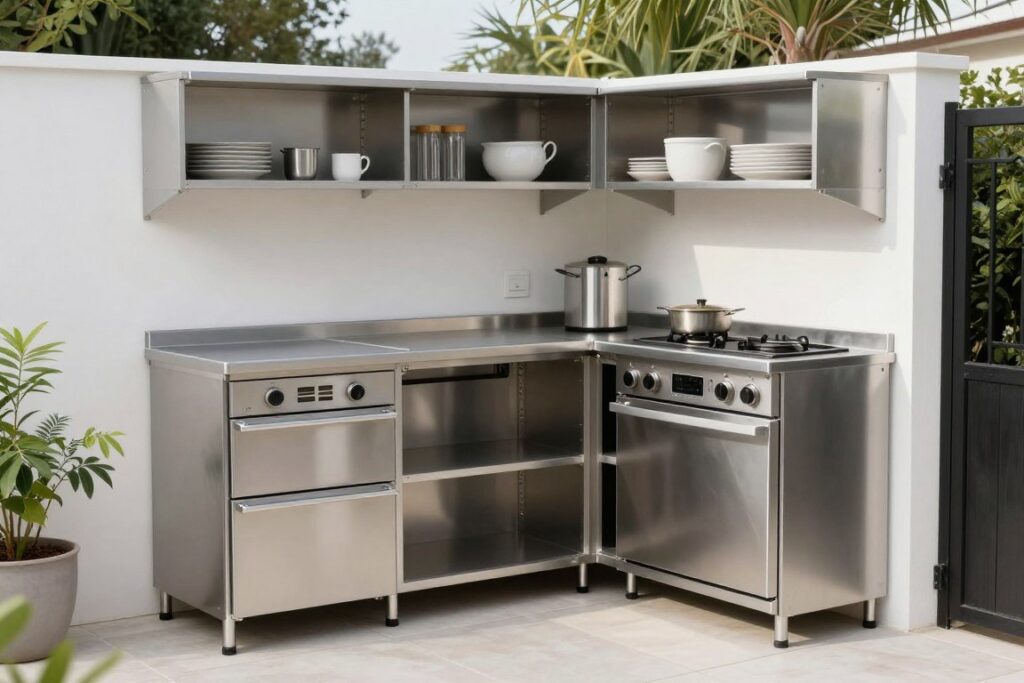Space-efficient linear outdoor kitchen with fold-down shelves and wall storage