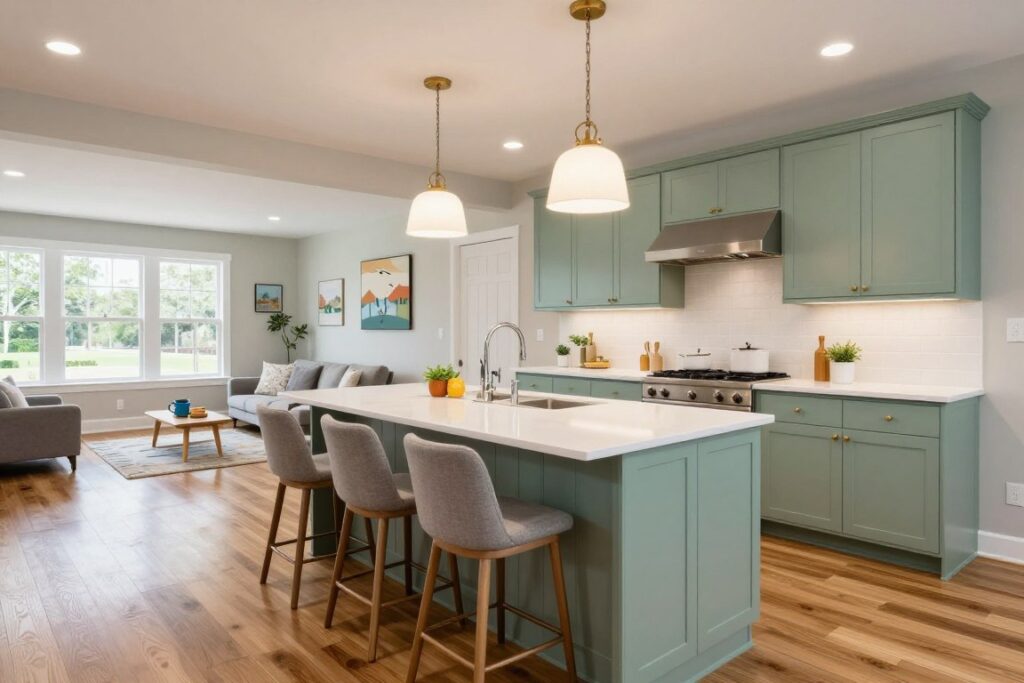 Spacious suburban family kitchen with sage green cabinets and large island
