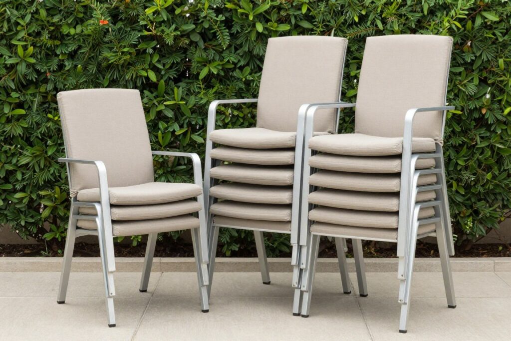 Stackable weatherproof dining chairs for easy storage, NO PEOPLE, NO HUMANS, NO HANDS