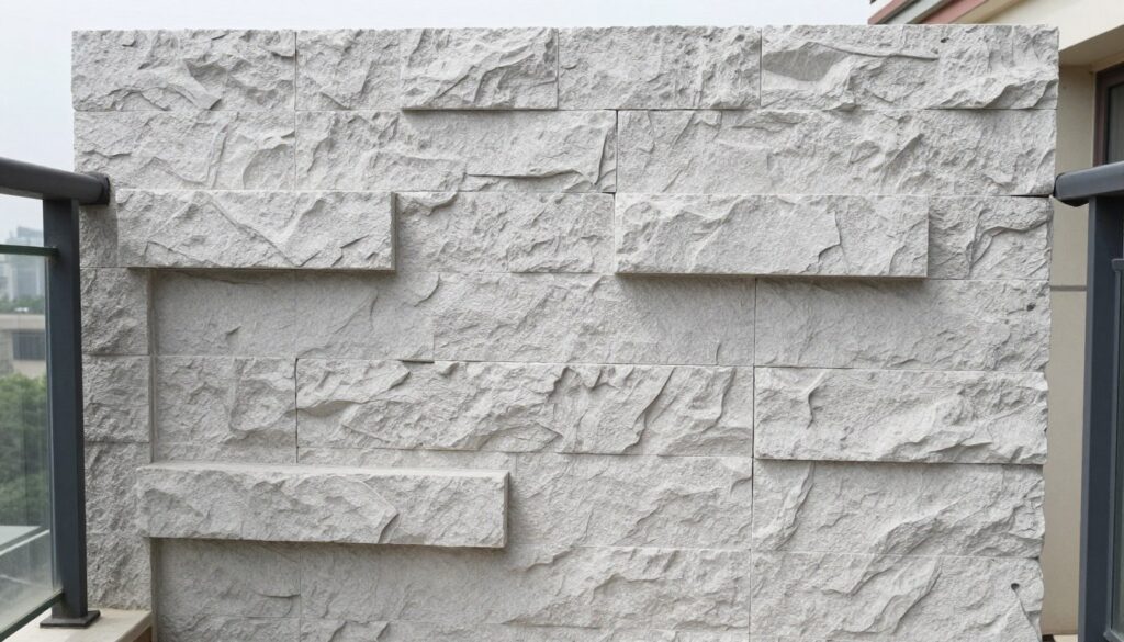 Stone accent wall on modern balcony with integrated planters