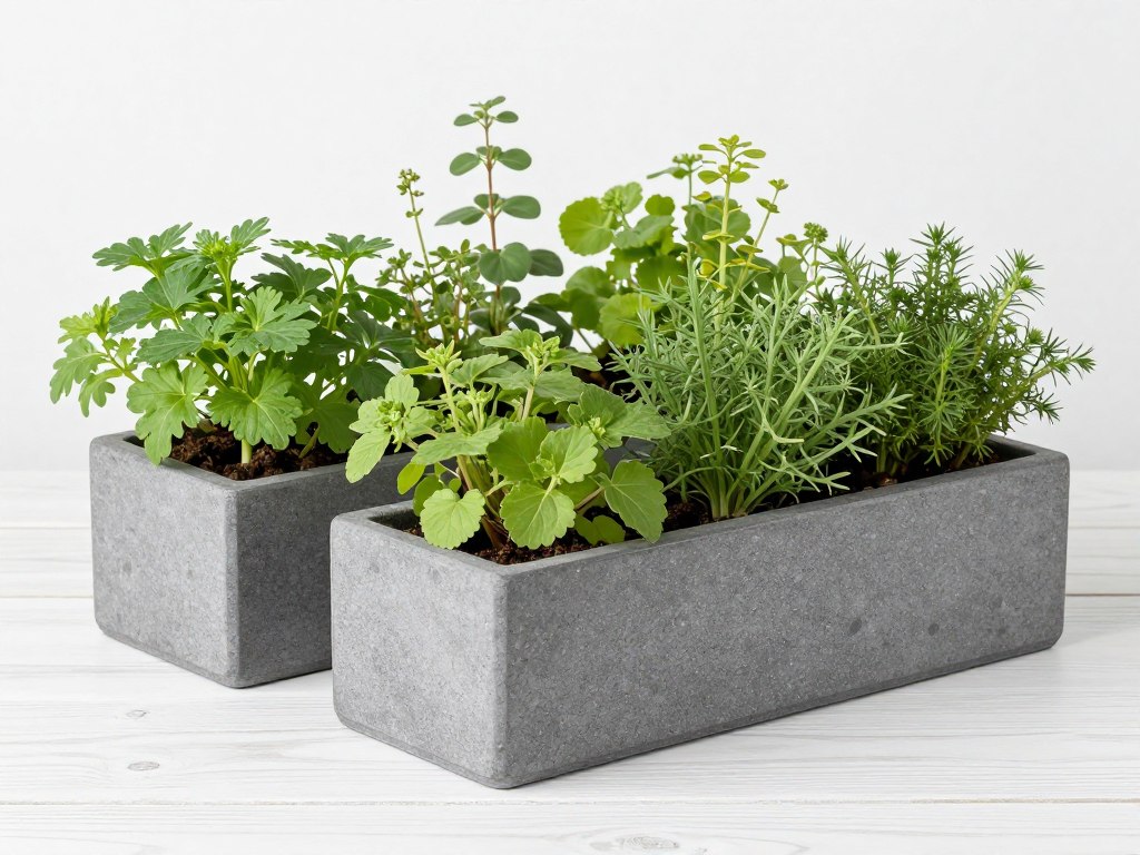 Stone planters with herbs on white oak balcony table