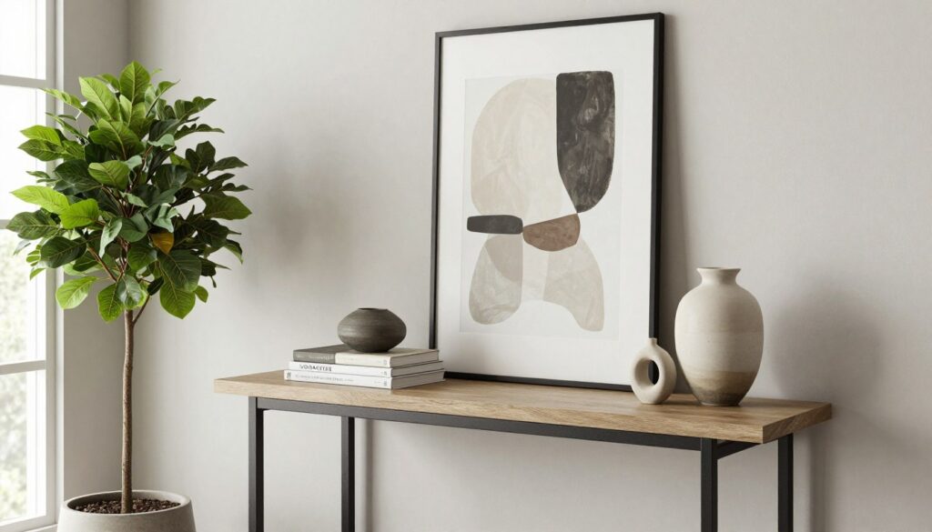 Styled console table with plant, artwork, books, and decorative objects creating cohesive vignette, NO PEOPLE, NO HUMANS, NO HANDS