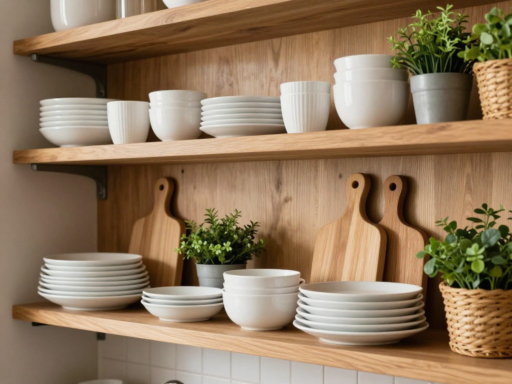 Styled open kitchen shelving with warm wood, white dishes, and natural elements