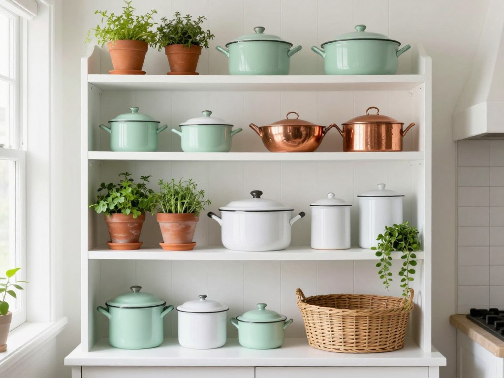 Styled open shelving arrangement with vintage kitchenware, potted plants, and decorative items creating visual interest