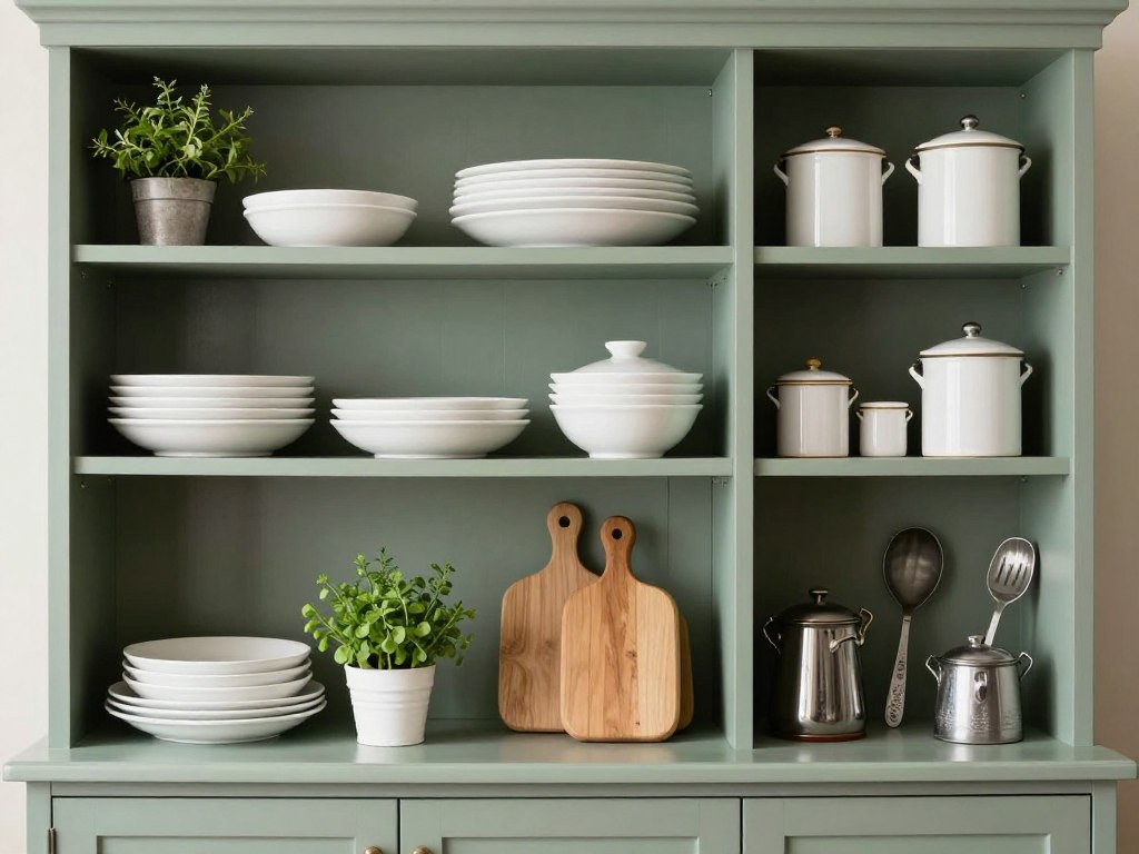 Styled sage green kitchen open shelving with farmhouse decor