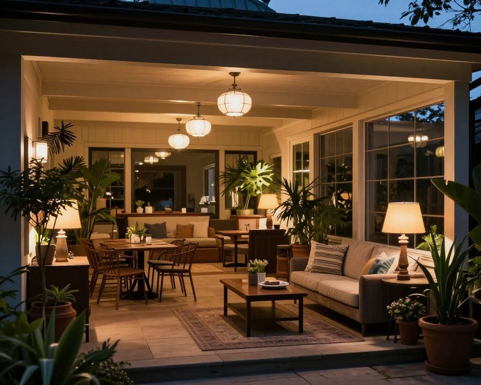 Sunroom entertaining space with ambient lighting and plants, NO PEOPLE, NO HUMANS, NO HANDS