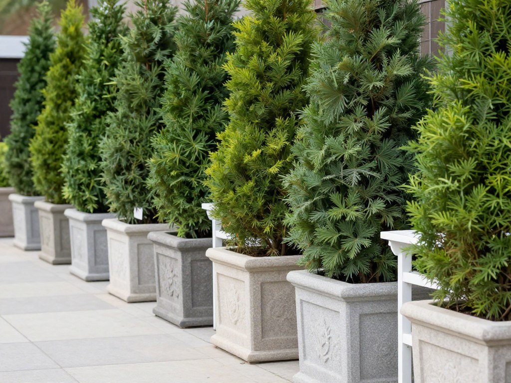 Tall planters with privacy plants along balcony edge
