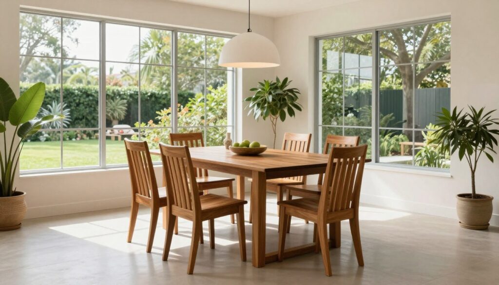 Teak dining table set in bright sunroom with large windows, NO PEOPLE, NO HUMANS, NO HANDS