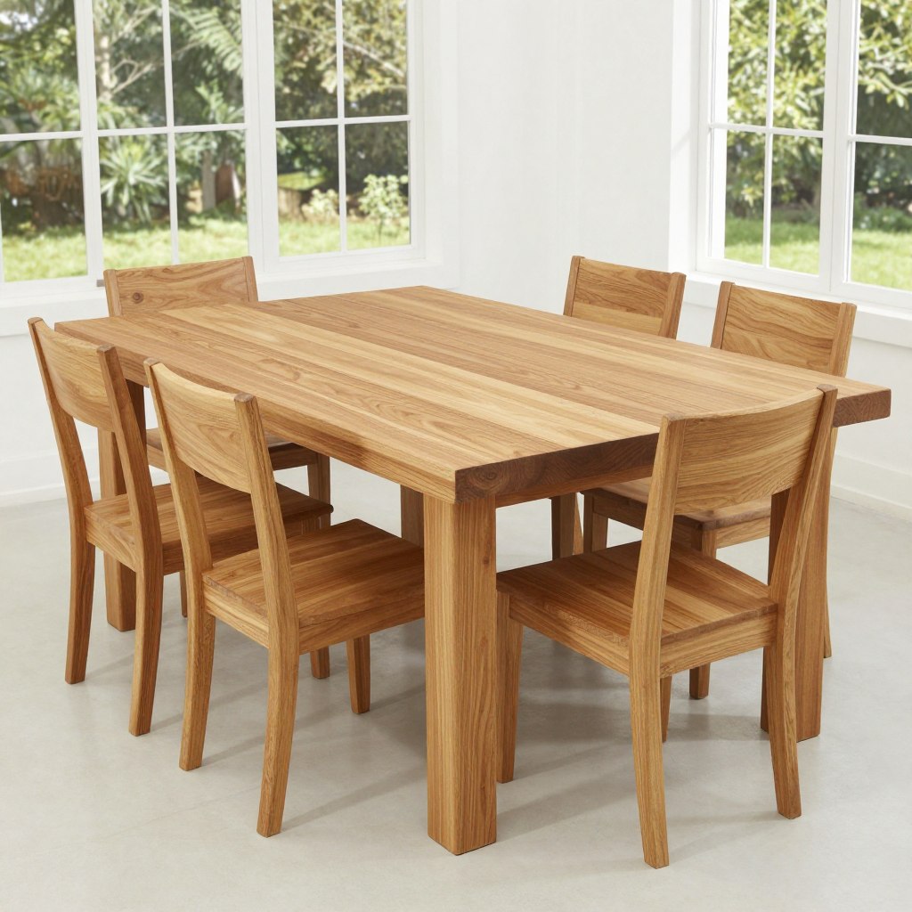 Teak dining table with natural finish, NO PEOPLE, NO HUMANS, NO HANDS