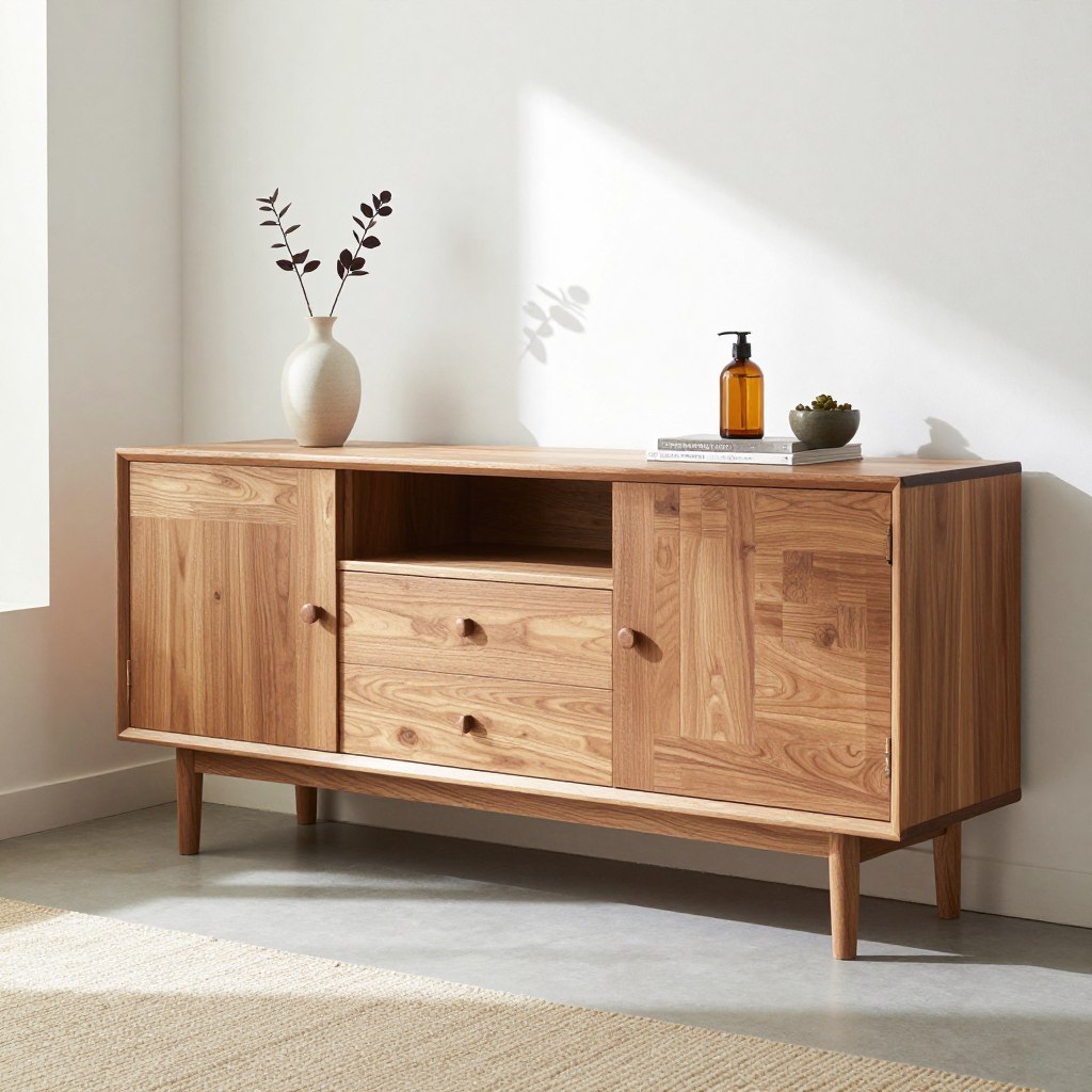 Teak storage sideboard for sunroom dining area, NO PEOPLE, NO HUMANS, NO HANDS
