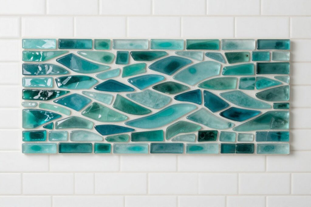 Teal and aqua mixed sea glass mosaic backsplash pattern