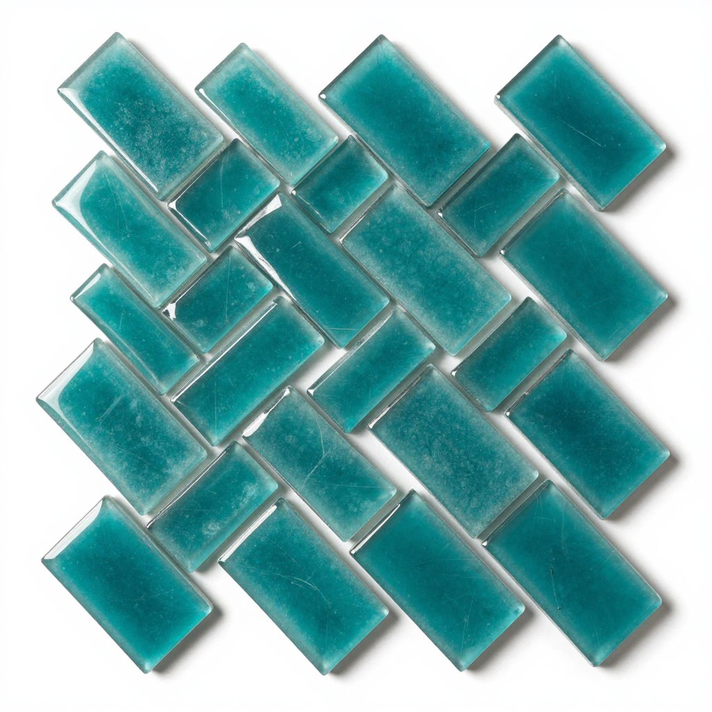 Teal herringbone sea glass tile showing pattern detail