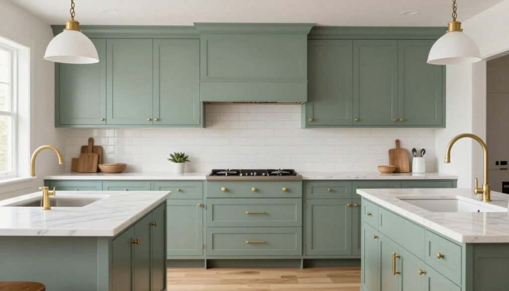 Timeless sage green farmhouse kitchen with classic design elements