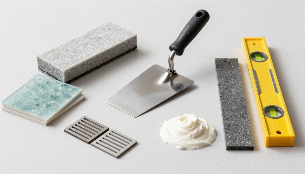 Tools and materials laid out for sea glass tile installation