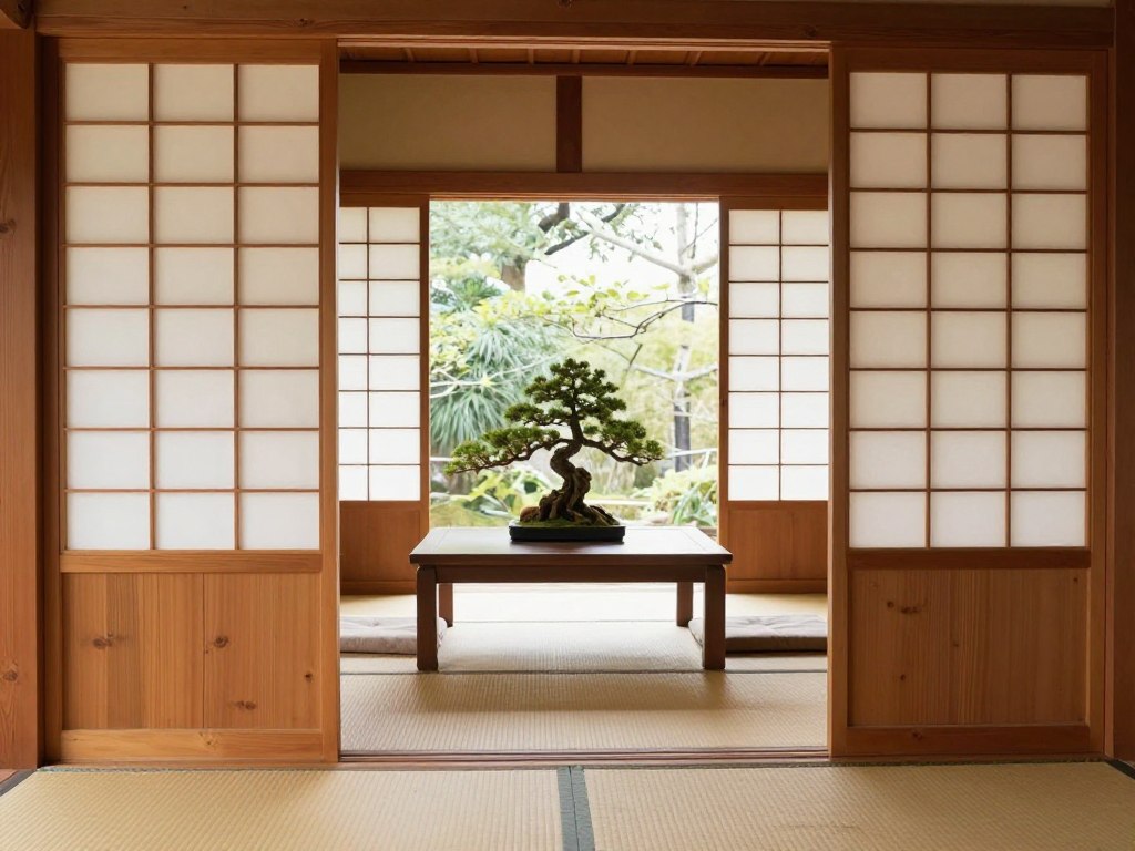 Traditional Japanese sunroom with shoji screens and low furniture, empty contemplative space