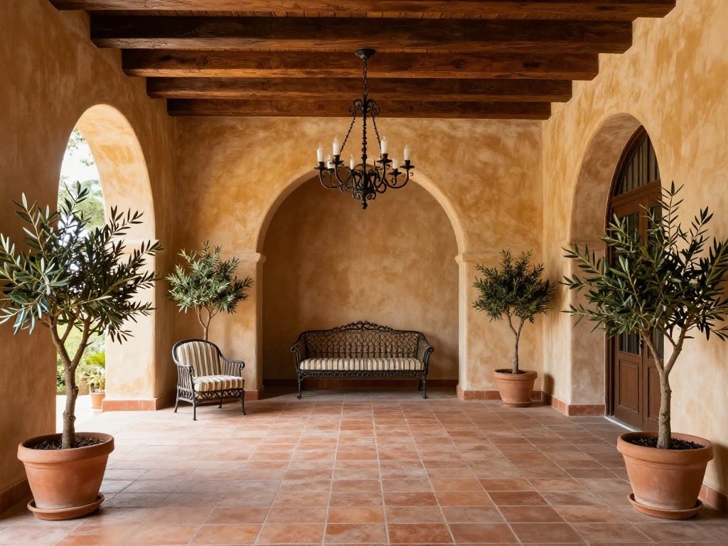 Traditional Mediterranean sunroom with wrought iron furniture and rustic details, empty inviting space