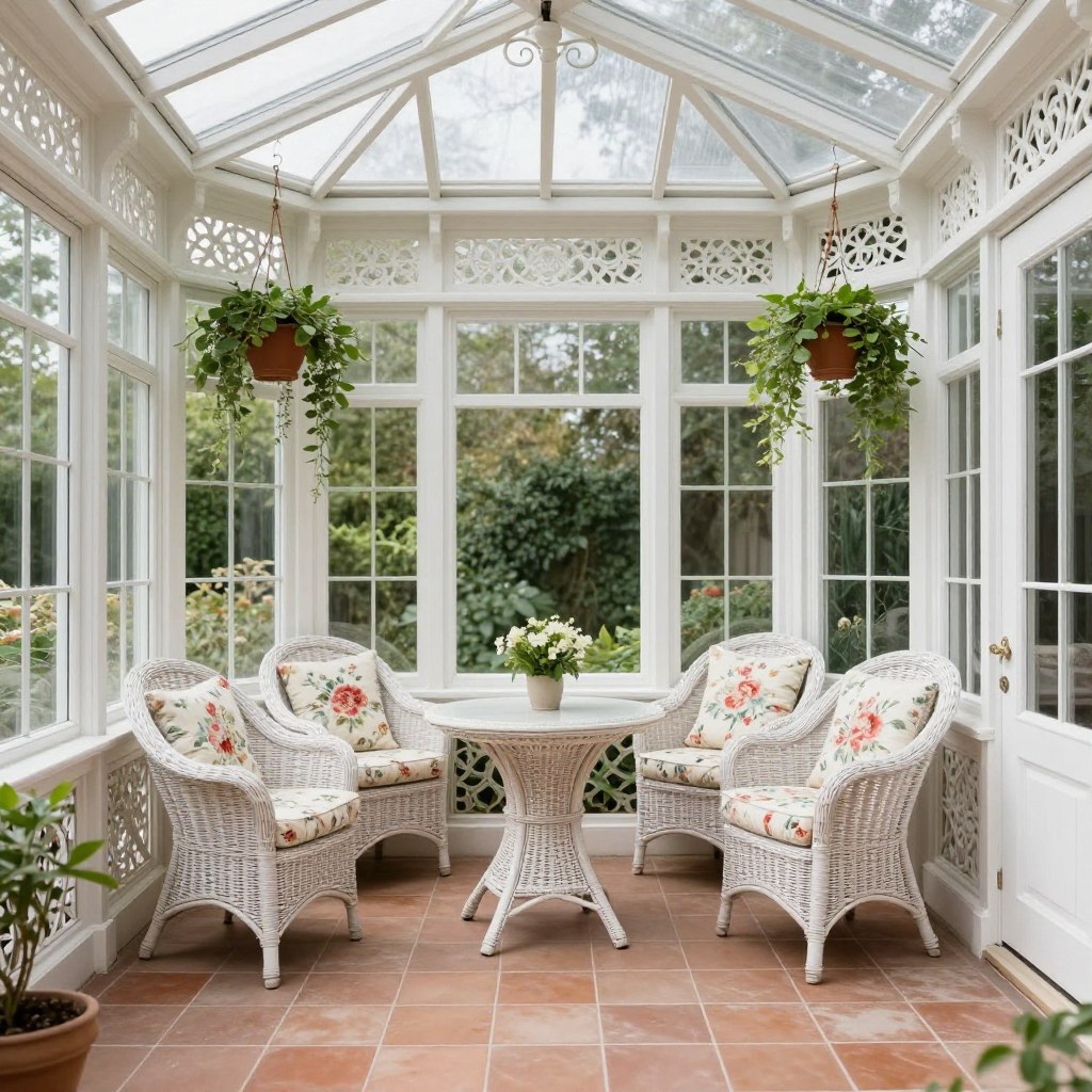 Traditional Victorian sunroom interior with wicker furniture and ornate details, empty space