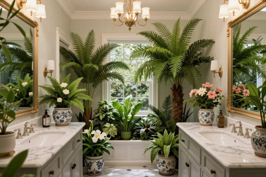 Traditional bathroom with abundant romantic plant styling