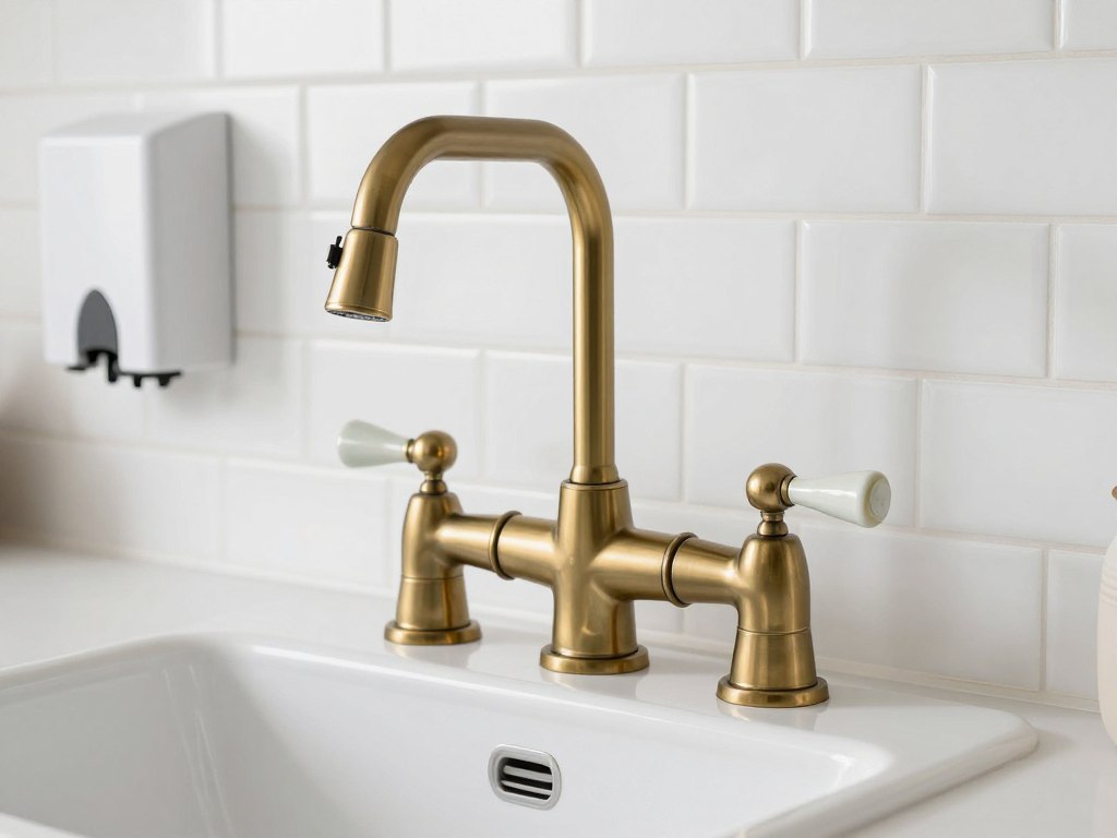 Traditional bridge-style kitchen faucet in brass