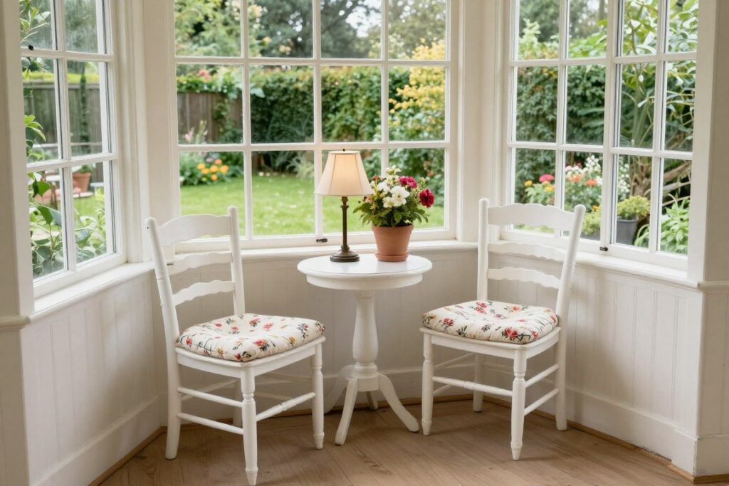 Traditional cottage sunroom corner with reading nook and garden views, empty inviting space