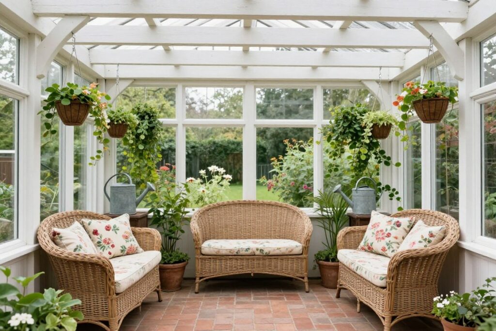Traditional cottage sunroom with abundant plants and vintage furniture, empty charming space