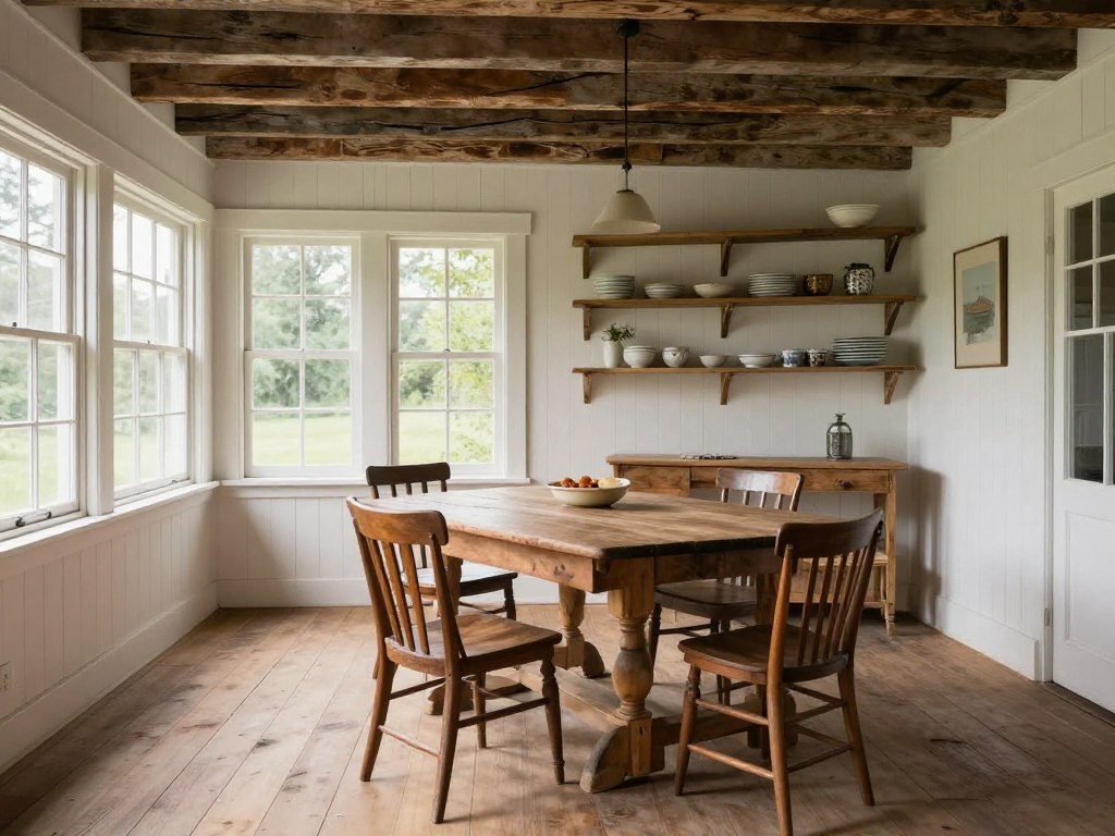 Traditional farmhouse sunroom with dining table and rustic elements, empty inviting space