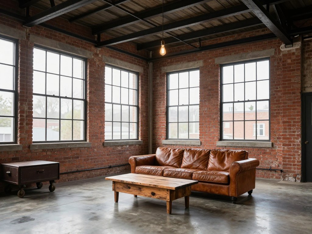 Traditional industrial sunroom with authentic warehouse elements, empty edgy space