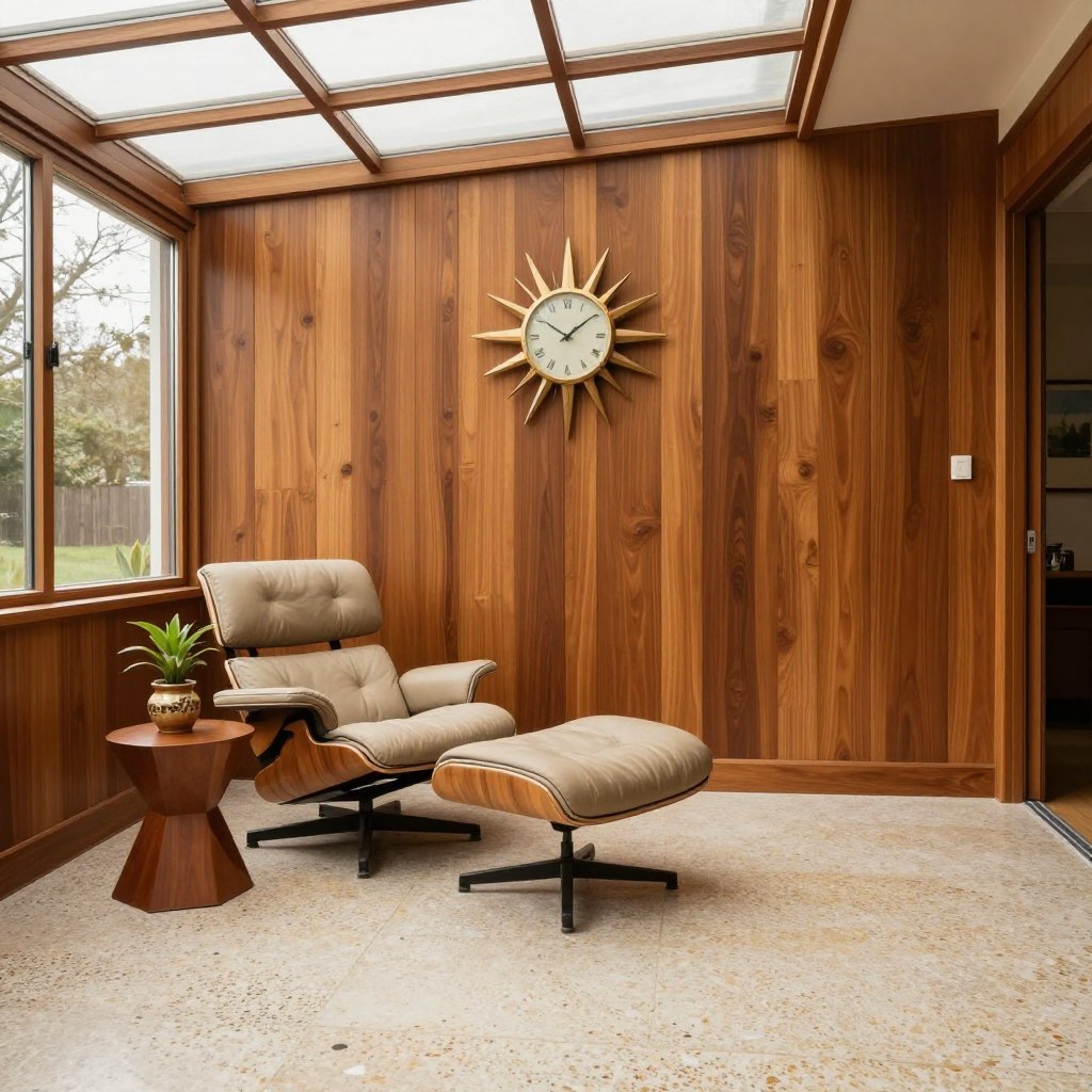 Traditional mid-century sunroom with period furniture and warm wood tones, empty vintage space