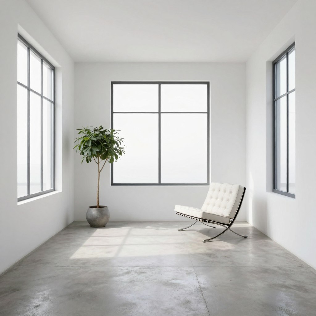 Traditional minimalist sunroom with essential furniture only, empty peaceful space