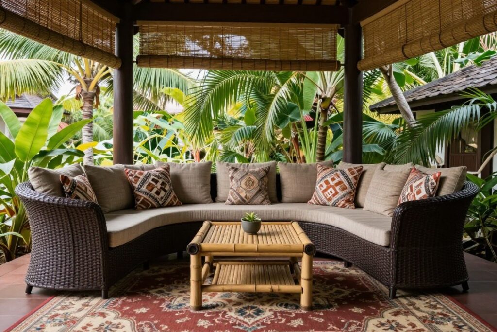 Traditional tropical sunroom lounge area with island-inspired furniture, empty relaxed space