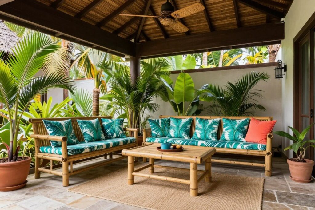 Traditional tropical sunroom with bold patterns and vibrant colors, empty lively space
