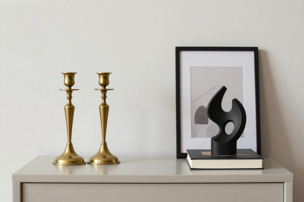 Transitional accessories mixing traditional and modern elements, empty styled vignette