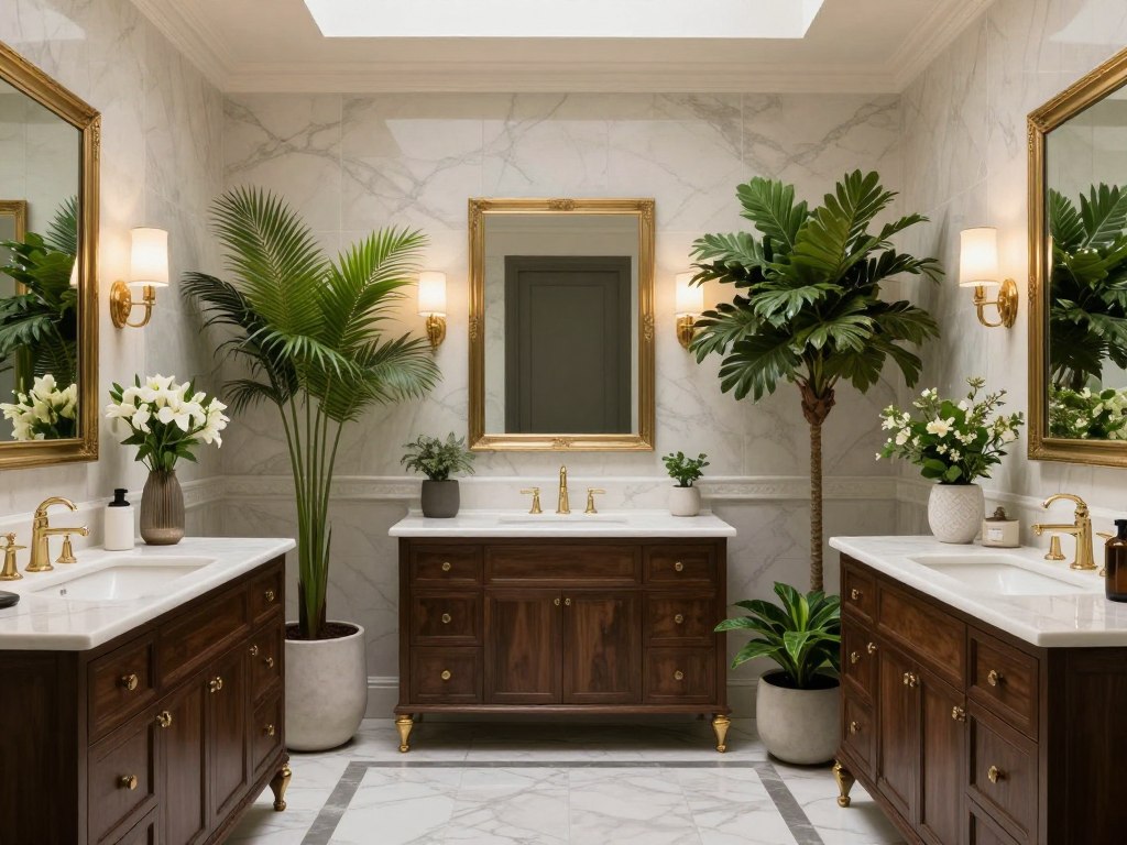 Transitional bathroom blending traditional and contemporary plant styling