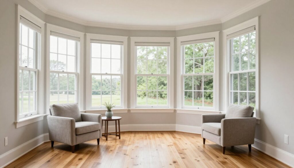Transitional blend sunroom combining classic and modern elements, empty versatile space