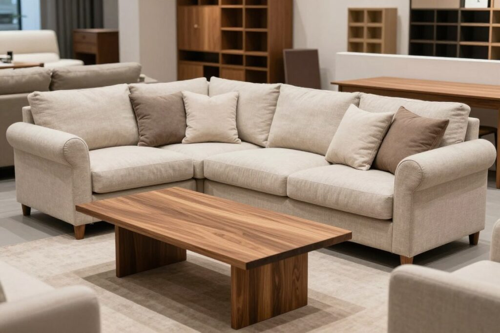 Transitional furniture showing mixed-era pieces in neutral fabrics, empty furniture display