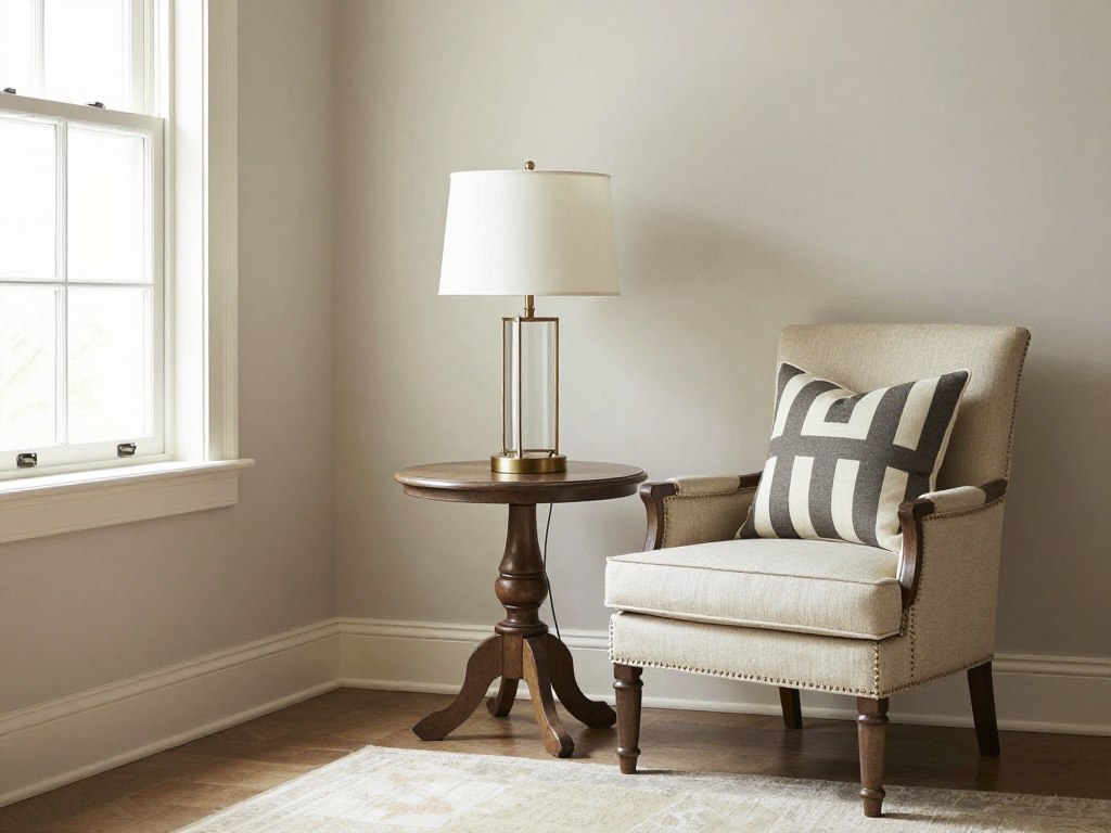 Transitional sunroom detail showing mixed-era furniture pairing, empty harmonious space