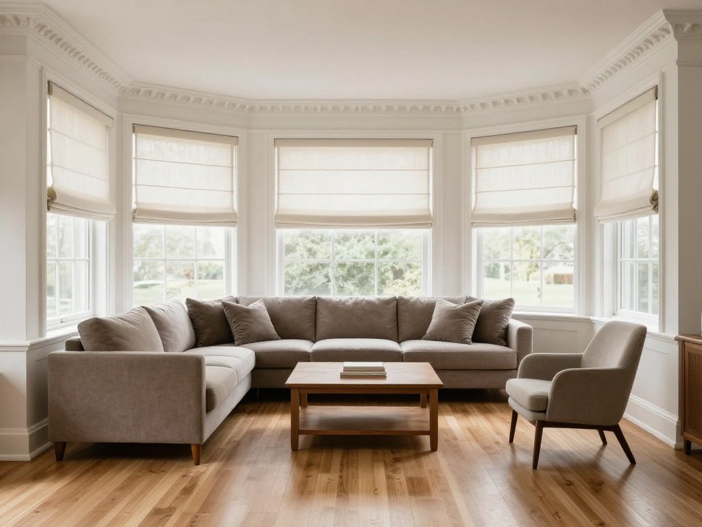 Transitional sunroom showing traditional architecture with contemporary furniture, empty balanced space