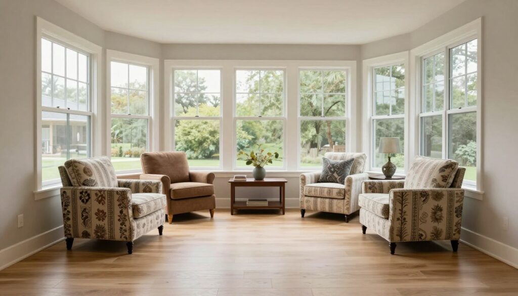 Transitional sunroom with modern foundation and classic accents, empty sophisticated space