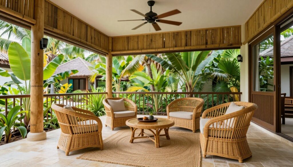 Tropical paradise sunroom with lush plants and natural materials, empty vacation-inspired space