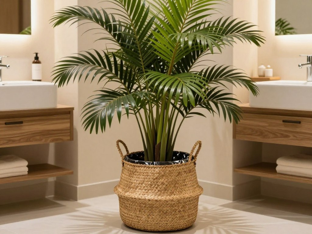 Tropical plant in natural woven basket planter with protective liner