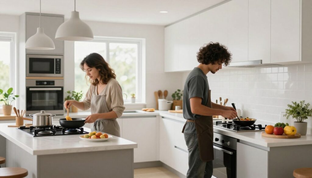 Two people cooking together in modern kitchen with separate work zones